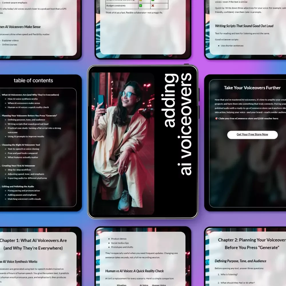 Adding AI Voiceovers – A Practical eBook Guide on how to add voiceovers using ai tools for Creators, Marketers & Educators