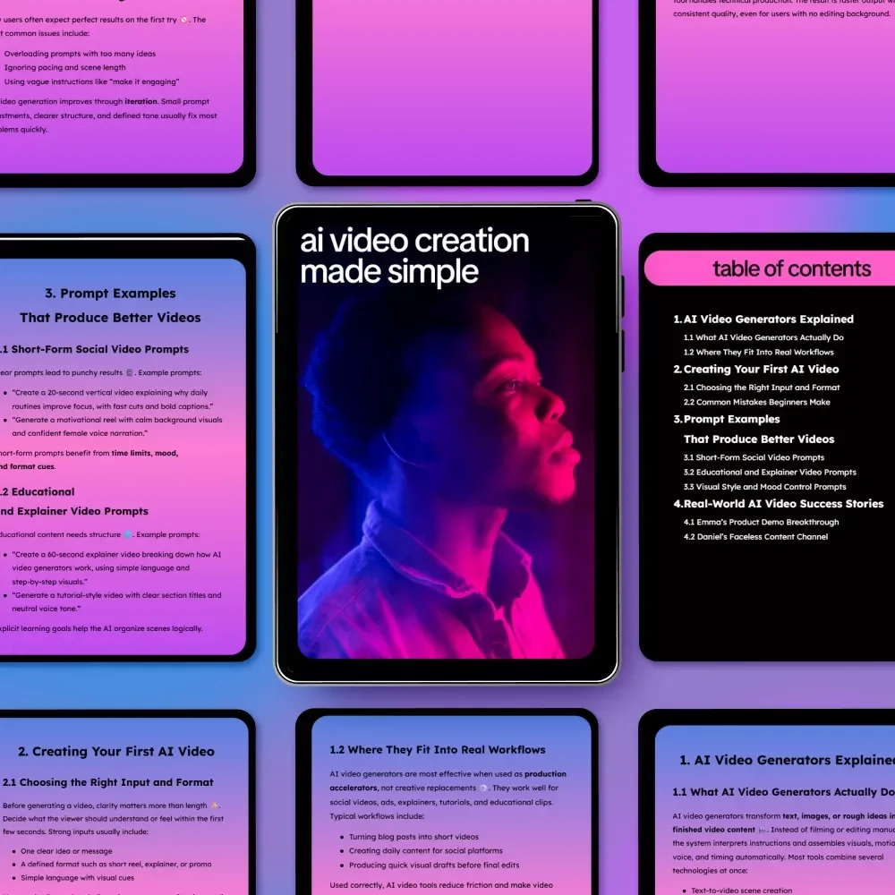 AI Video Creation Made Simple | AI Video Generators Explained Guide, Prompt Examples & Real-World Success eBook