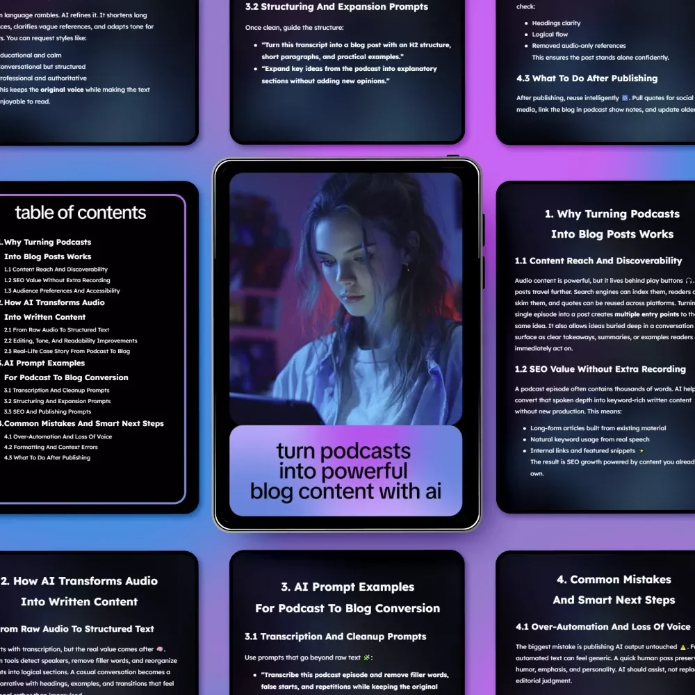 Turn Podcasts Into Powerful Blog Content With AI – Step-By-Step Guide to Use ai to turn podcast into blog post, Repurpose Audio, Boost SEO & Grow Traffic