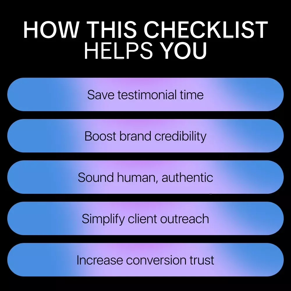 AI’s Checklist to Perfect Client Testimonials | Digital Checklist for how to generate client testimonials with ai | Smart Marketing & Social Proof Tool