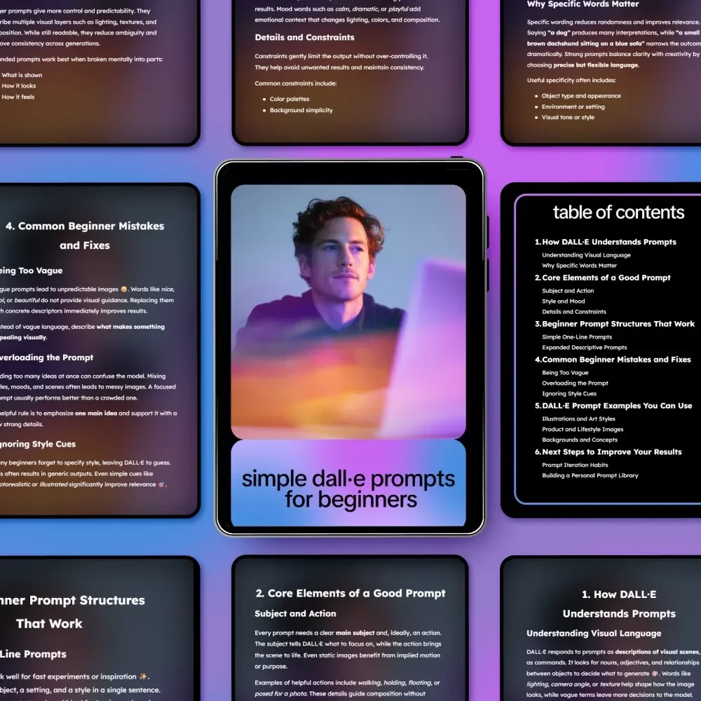 Simple DALL·E Prompts for Beginners: Easy AI Art Guide, Prompting Tips, Illustrations, and Digital Download for Creative Beginners
