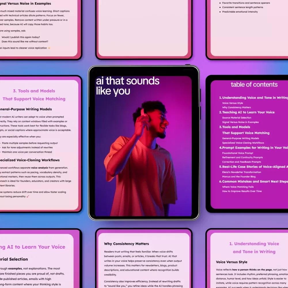 AI That Sounds Like You – Voice & Tone Writing Guide, AI Voice Matching eBook, Prompt Examples, Personal Brand Writing Toolkit