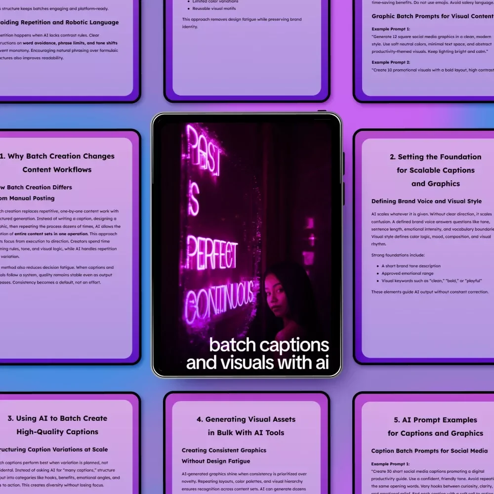 Batch Captions and Visuals With AI – Ebook for ai to batch create captions and graphics, Social Media Content Workflow Guide, Digital Download