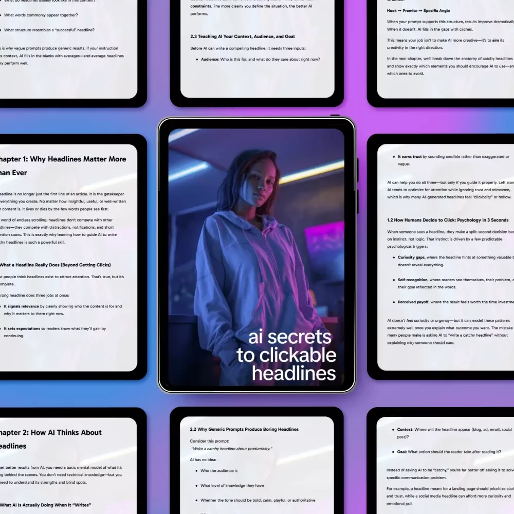 AI Secrets to Clickable Headlines – Ebook Guide on How to Get AI to Write Catchy Headlines, Copywriting Prompts & Headline Psychology