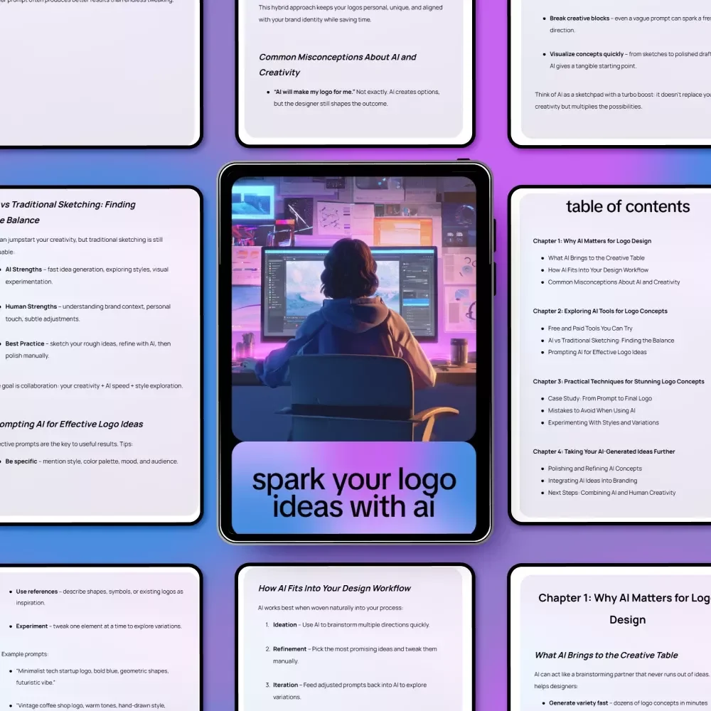 Spark Your Logo Ideas with AI: Digital Guide for Logo Design, AI Tools, Creative Branding eBook, AI Logo Checklist