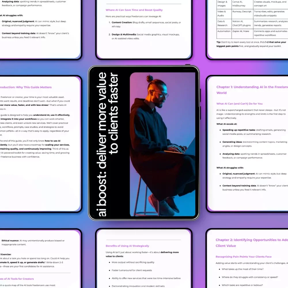 AI Boost: Deliver More Value to Clients Faster – Freelancers’ AI Workflow eBook | Digital Download eBook | Use AI to Deliver Extra Value to Clients Fast | Productivity, Client Value & Workflow Automation