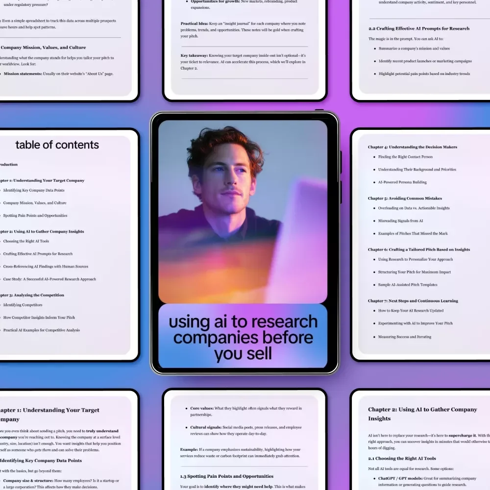 Using AI to Research Companies Before You Sell – eBook Guide for Using AI to Research Companies Before Pitching, Sales Prospecting, and Tailored Pitches