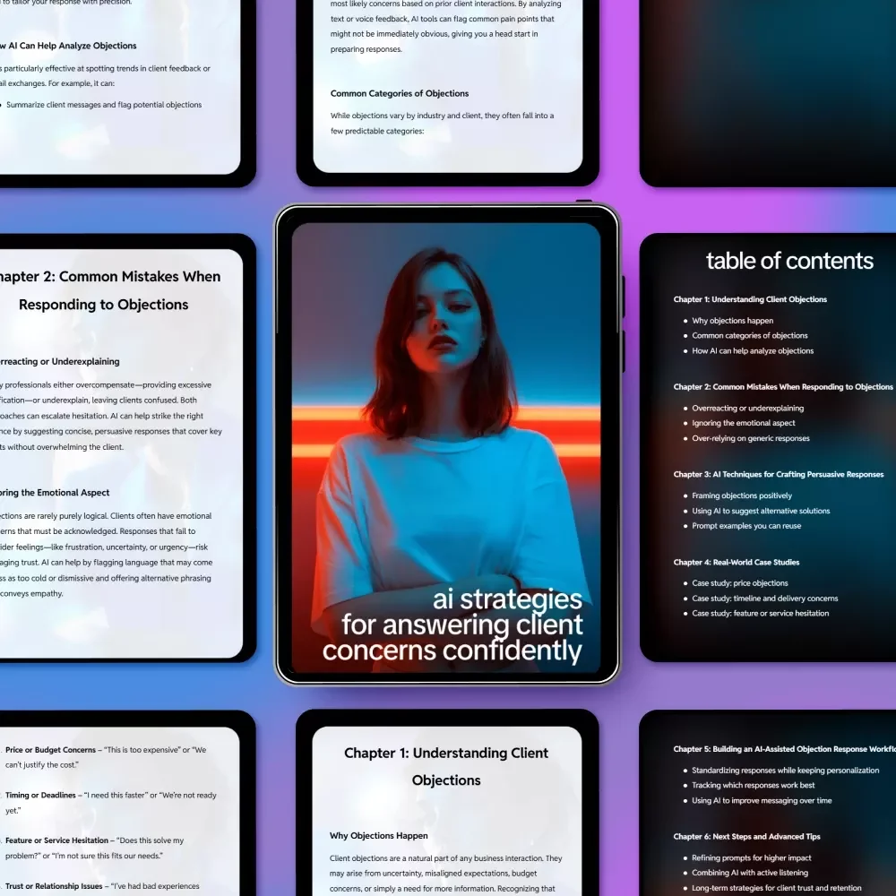 AI Strategies for Answering Client Concerns Confidently – Digital Guide, eBook, Checklist for Objection Handling, Persuasive Client Responses, AI Techniques for Sales and Customer Success