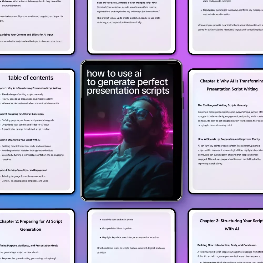How to Use AI to Generate Perfect Presentation Scripts – AI Presentation Script Generator eBook for Effortless, Engaging, and Professional Presentations