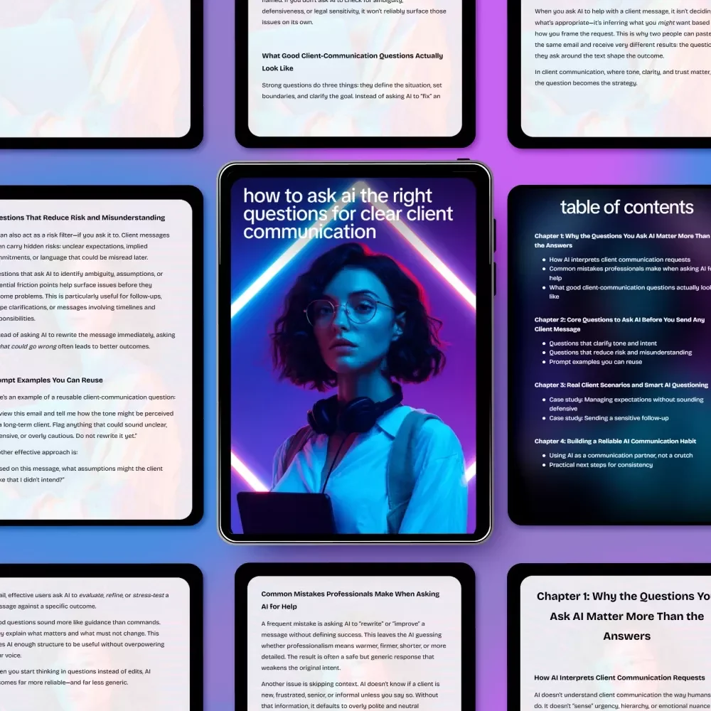 How to Ask AI the Right Questions for Clear Client Communication – Digital Guide, eBook & Checklist for Professionals, Boost Client Communication Skills, AI Prompt Templates, Real Scenarios & Practical Habits