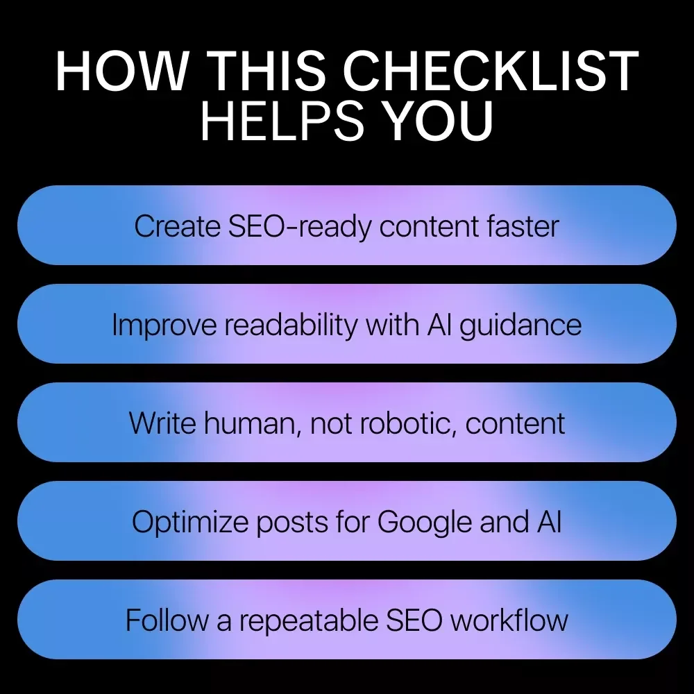 The AI SEO Power Checklist – Smart SEO Content Optimization Checklist, AI Writing Workflow & tips for rewriting for readability with ai