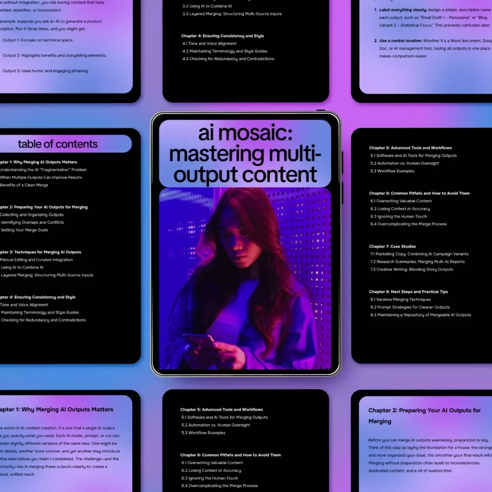 AI Mosaic: Mastering Multi-Output Content – The Ultimate eBook on How to Merge Multiple AI Outputs Cleanly for Marketing, Writing, and Research