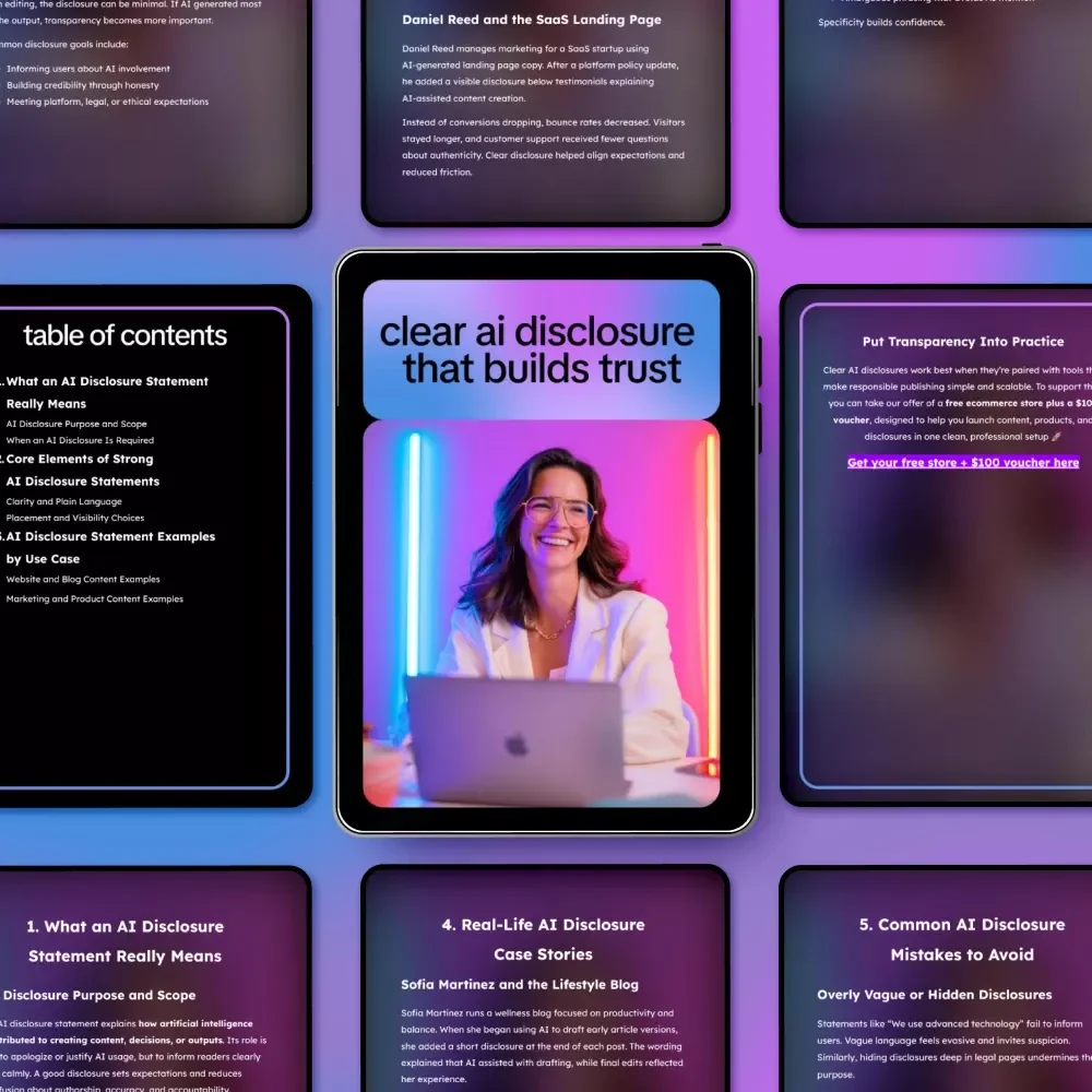 Clear AI Disclosure That Builds Trust | Practical eBook with ai disclosure statement examples for Websites, Marketing & Digital Products