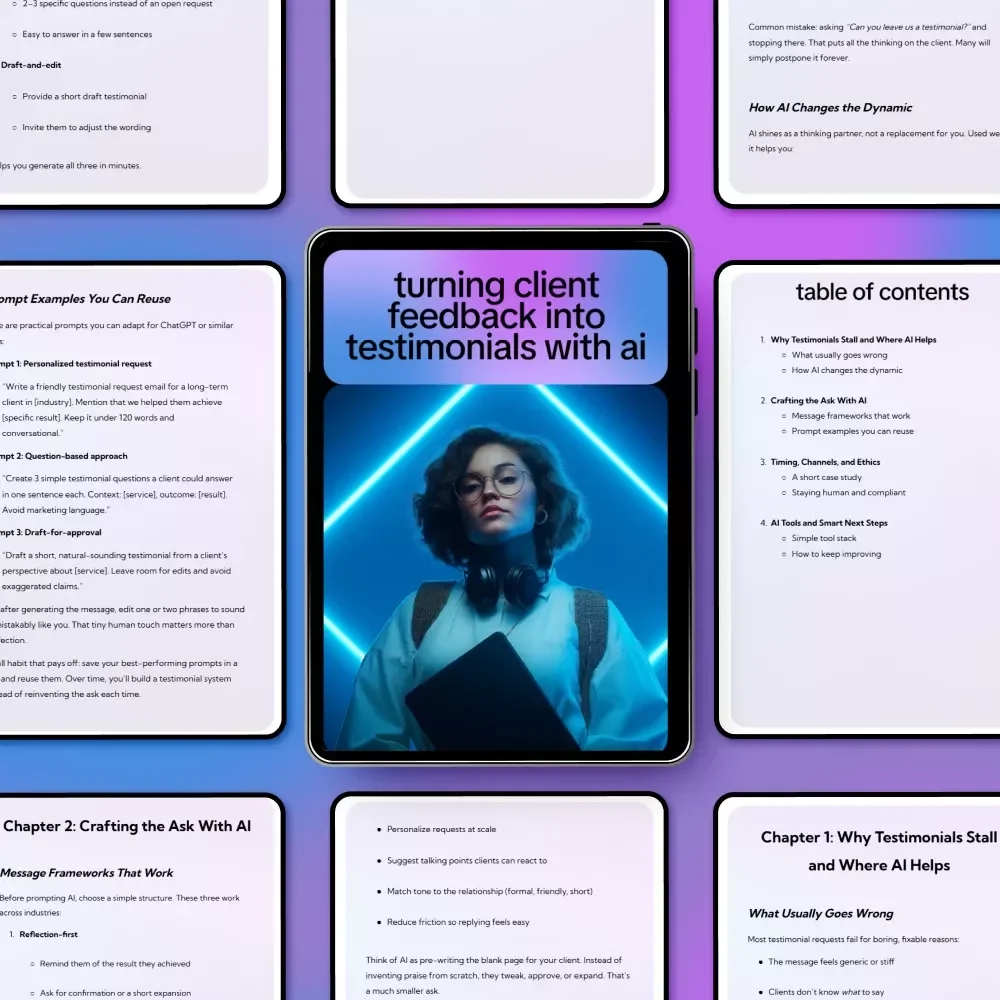 Turning Client Feedback Into Testimonials With AI | Digital Guide for Creators, Coaches & Online Businesses | AI Marketing eBook + Checklist Download