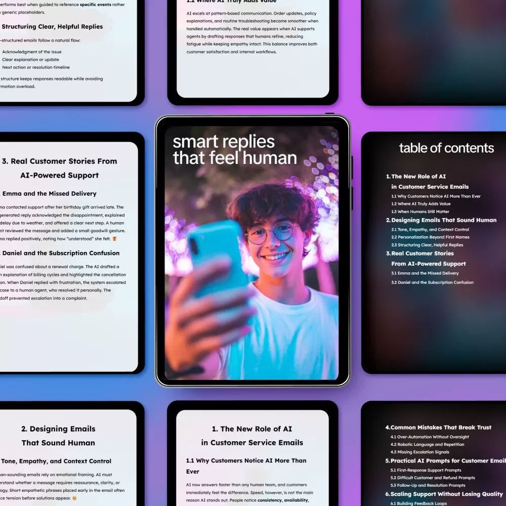 Smart Replies That Feel Human – AI Customer Service Email Guide, Human-Sounding Support Templates, Smart Reply Prompts & Email Writing eBook