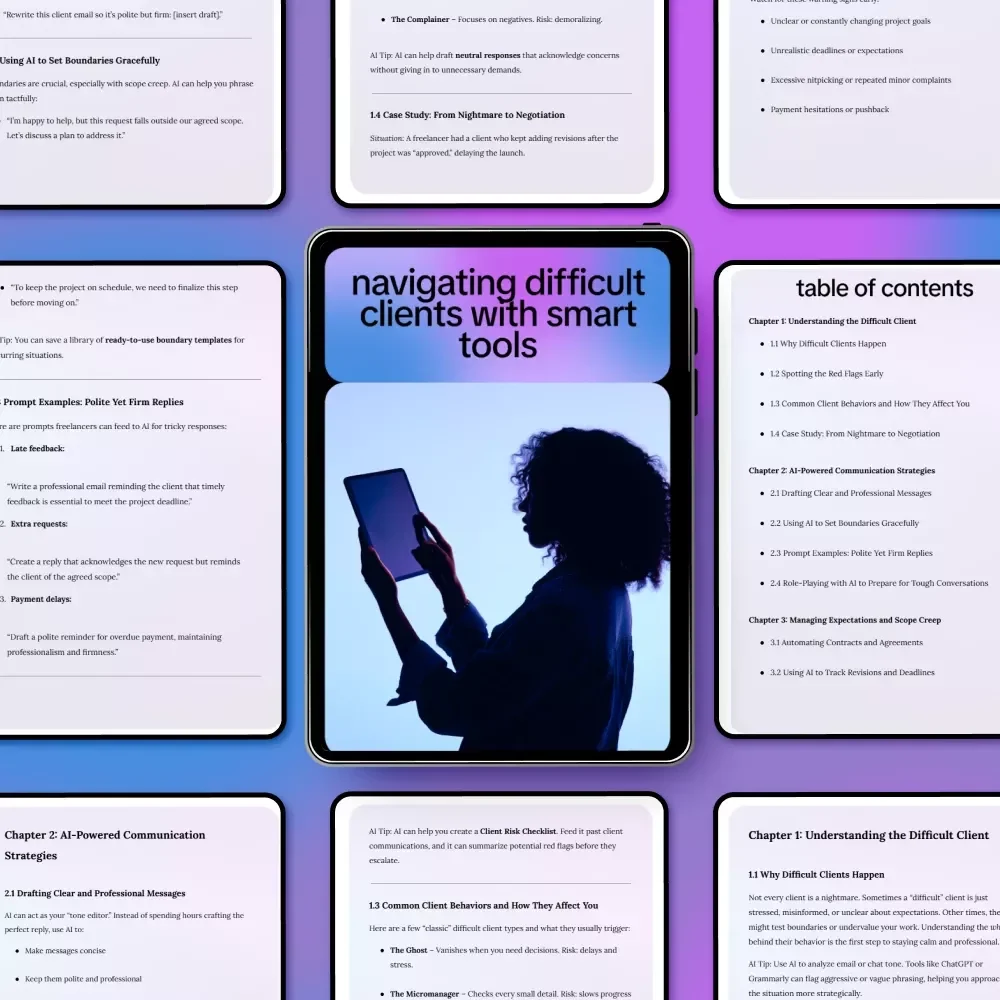 Navigating Difficult Clients with Smart Tools – AI-Powered Client Communication Guide, Freelancer eBook, Boundary-Setting Checklist, Managing Expectations and Scope Creep Digital Download