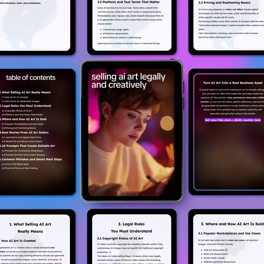 Selling AI Art Legally and Creatively – Ebook Guide | Can You Sell AI Generated Art, Copyright, Prompts & Marketplaces