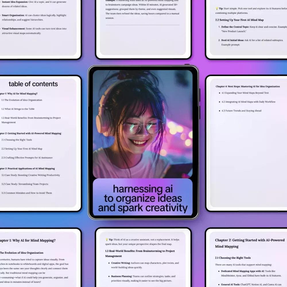 Harnessing AI to Organize Ideas and Spark Creativity – Practical Guide to ai for mind mapping and idea organization, Digital Download for Creatives, Entrepreneurs & Teams