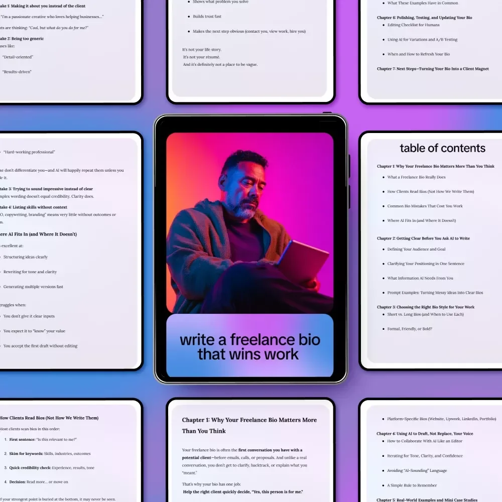 Write a Freelance Bio That Wins Work – AI-Powered Freelance Bio Guide, Client-Winning About Me Template, Upwork & LinkedIn Bio eBook