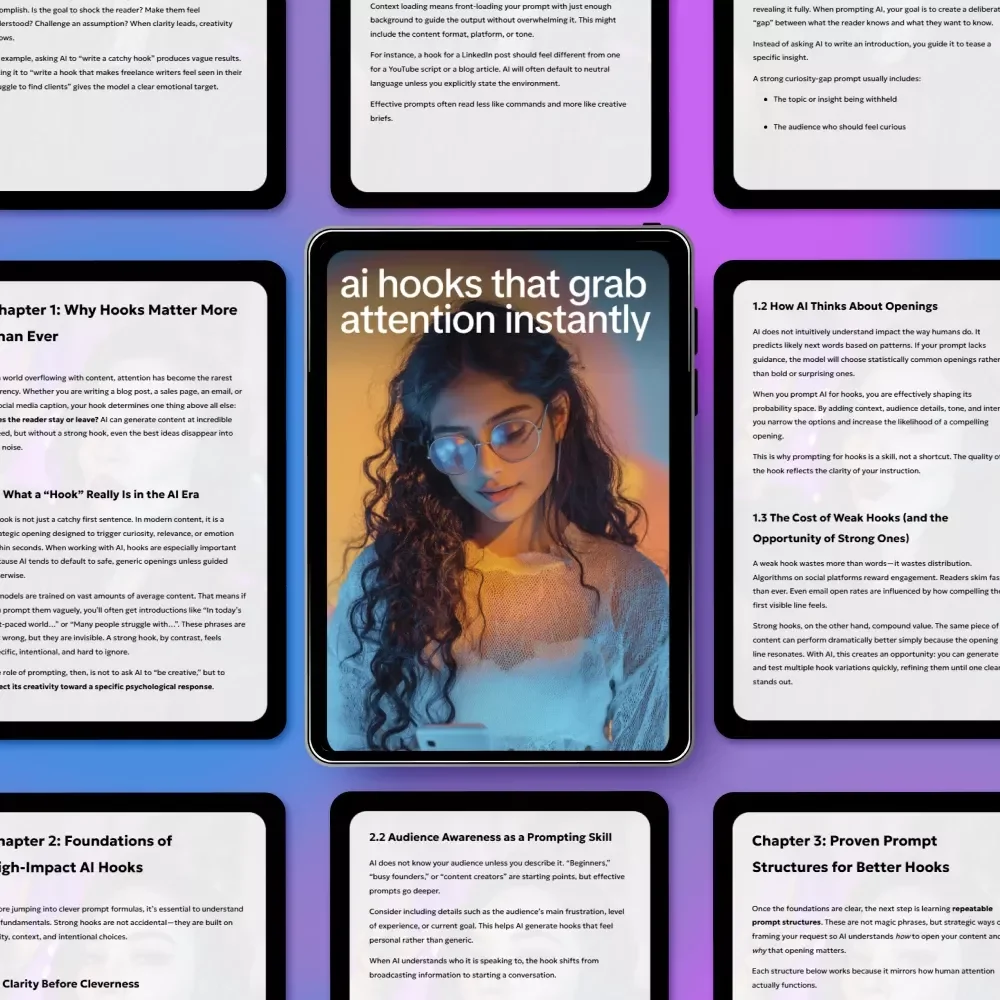 AI Hooks That Grab Attention Instantly | Actionable eBook on Ways to Prompt AI for Better Hooks for Content Creators & Marketers