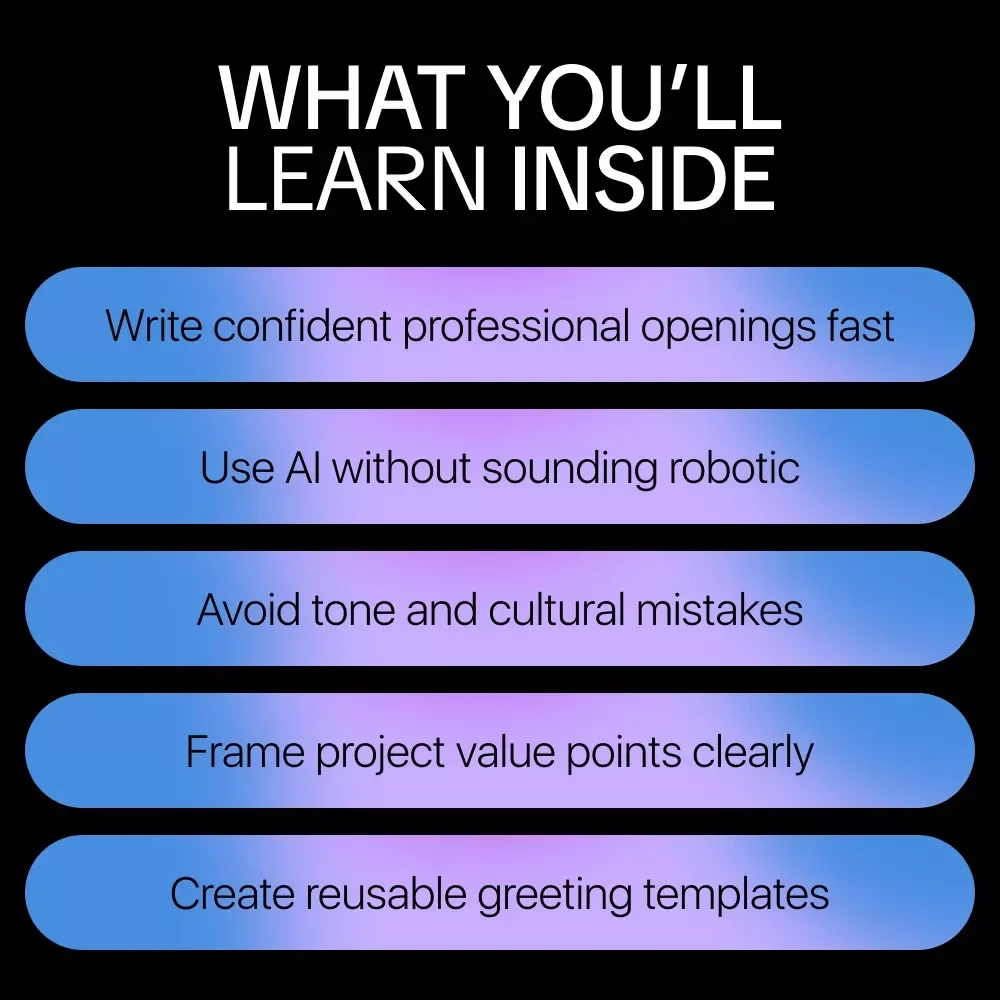 AI Suggestions for Professional Greetings | Ebook Guide on how to use ai to frame project value points for Emails, Clients & Teams