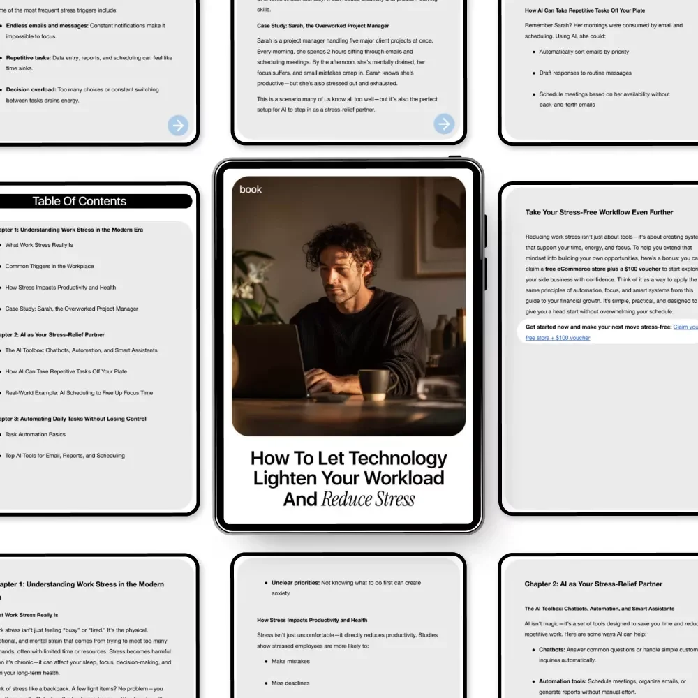 How to Let Technology Lighten Your Workload and Reduce Stress | Practical Ebook on how to use ai to reduce work stress, Productivity, Automation & Mental Clarity