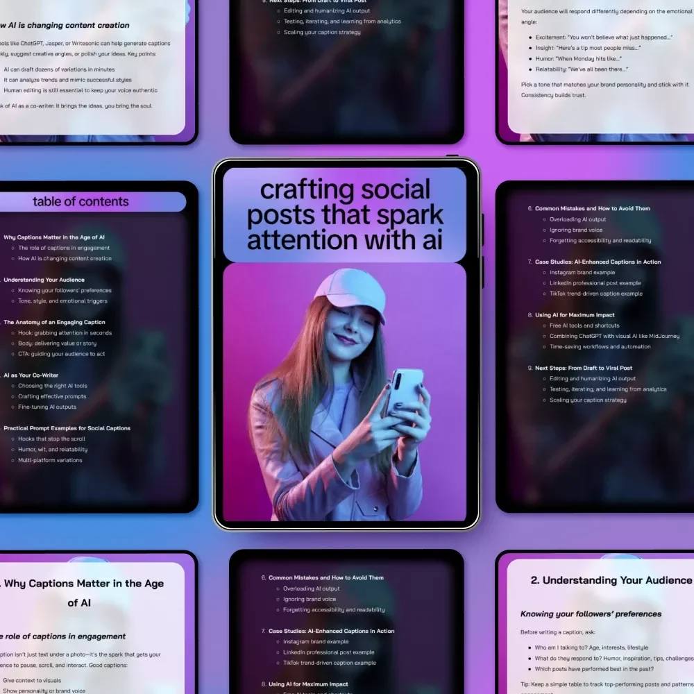 Crafting Social Posts That Spark Attention with AI | Ebook Guide for Creators, Marketers & Brands on how to write engaging social captions with ai