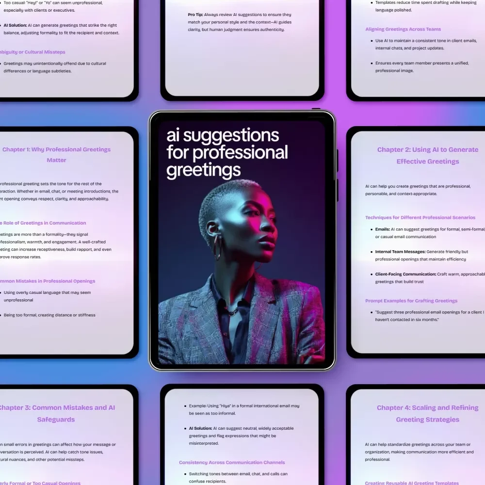 AI Suggestions for Professional Greetings | Ebook Guide on how to use ai to frame project value points for Emails, Clients & Teams