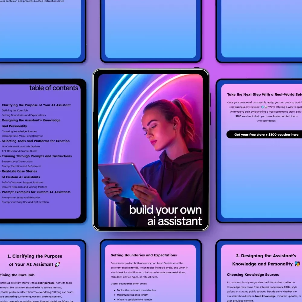 Build Your Own AI Assistant – Step-by-Step Guide eBook for Creating a Custom AI Assistant, No-Code & API-Based Options, Prompts & Real-Life Case Stories