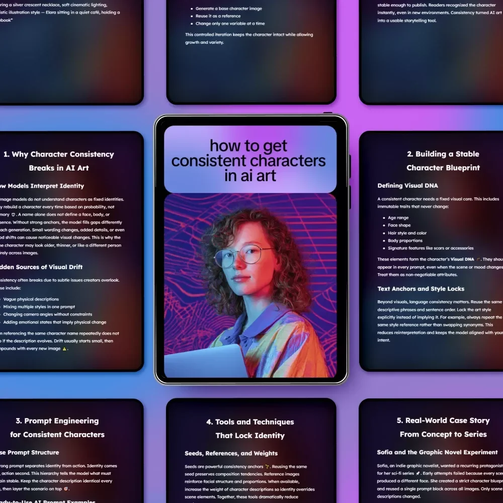How to Get Consistent Characters in AI Art | Step-by-Step eBook on how to get consistent characters in ai art for Creators, Designers & Storytellers
