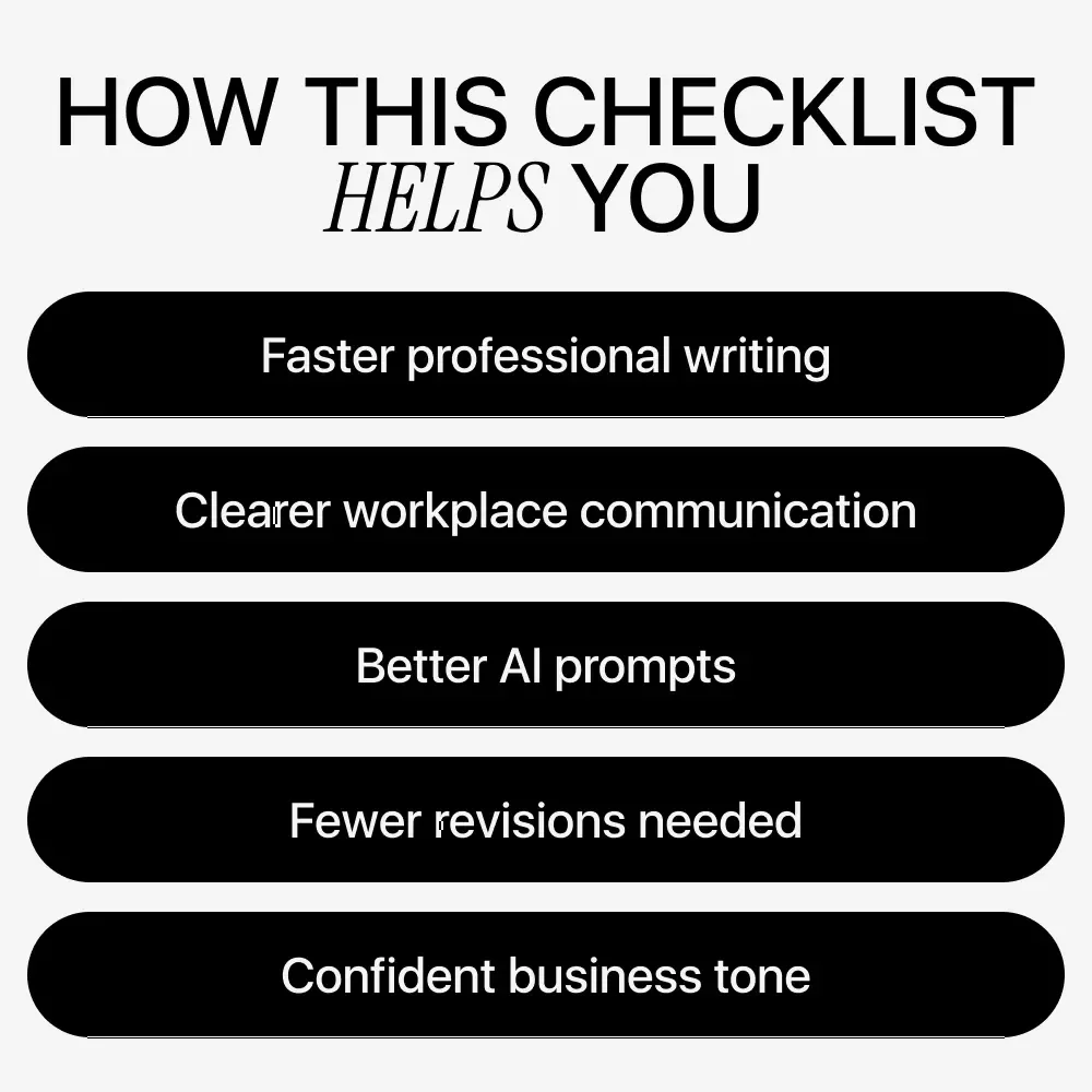 AI-Powered Workplace Writing Checklist | Professional AI Prompts for Workplace Writing | Digital Productivity Guide for Emails, Reports, Proposals