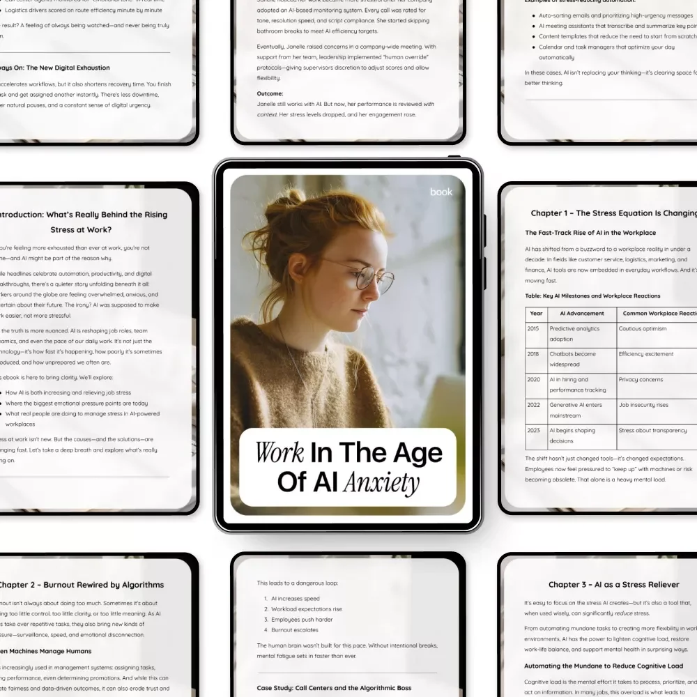Work in the Age of AI Anxiety – Ebook on ai impact on job stress, Workplace Burnout, Future of Work & Mental Health