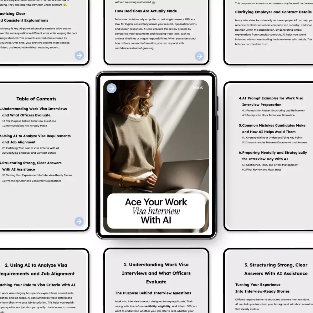 Ace Your Work Visa Interview With AI – Step-by-Step eBook on How to Use AI to Prepare for a Work Visa Interview, Expert Tips, Mock Interview Prompts, and Answer Strategies