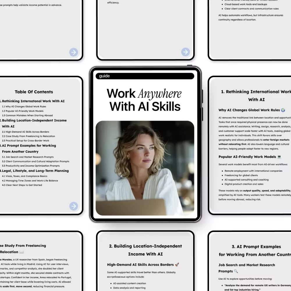 Work Anywhere With AI Skills: The Ultimate Guide on How to Use AI to Work in a Different Country – Location-Independent Income & AI Prompts