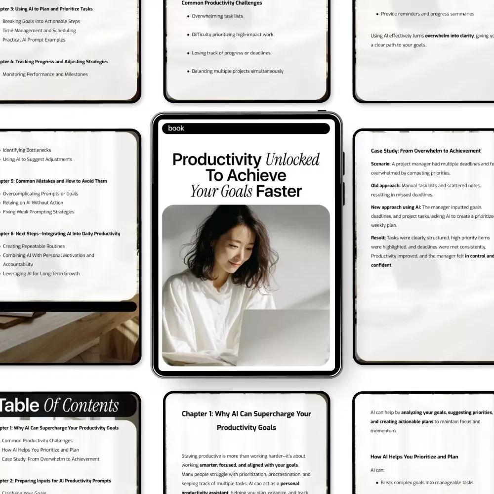 Productivity Unlocked to Achieve Your Goals Faster | AI Productivity eBook with ai prompts for productivity goals | Digital Download