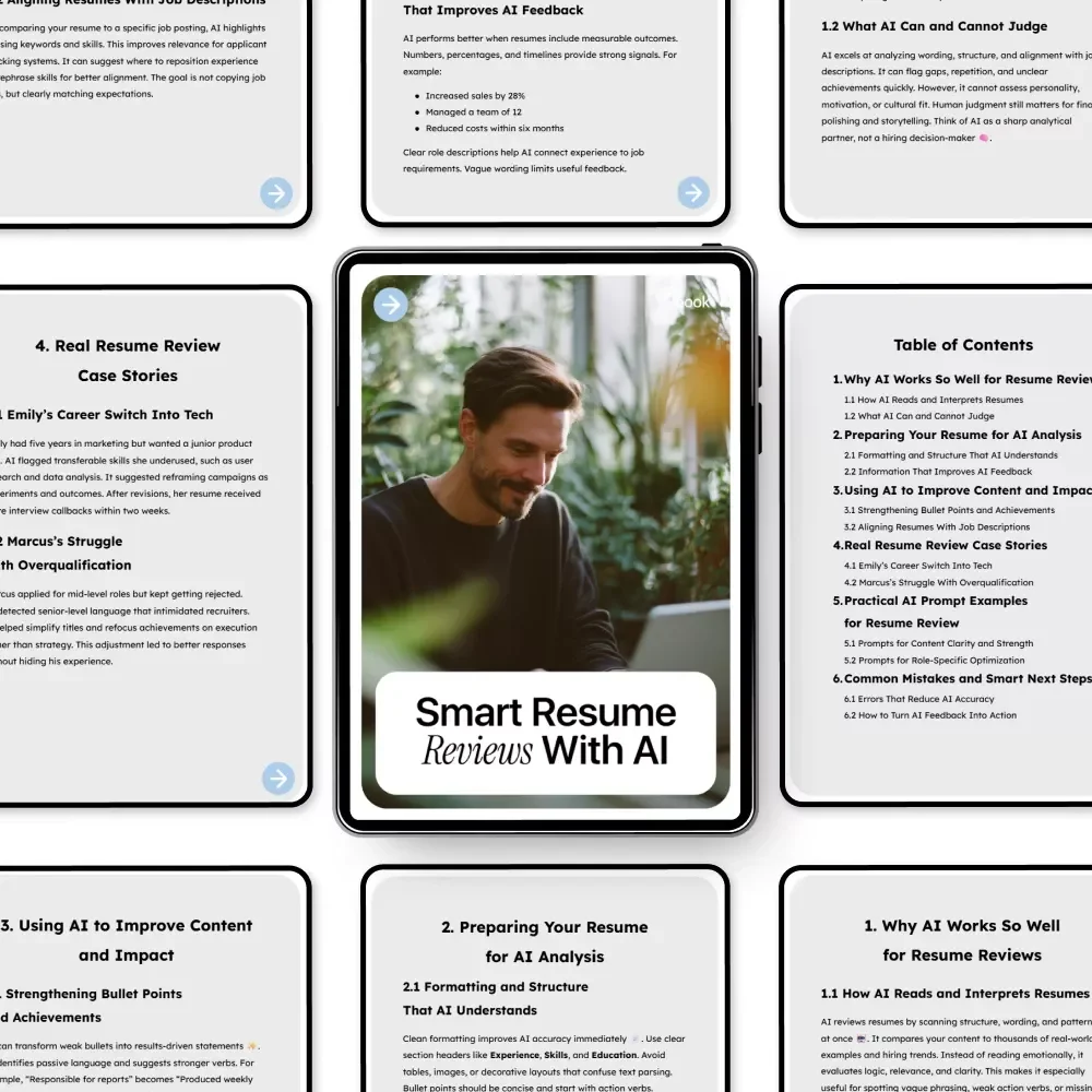 Smart Resume Reviews With AI – Digital Guide, eBook & Checklist for Optimizing Resumes, AI Feedback, Career Growth, Job Applications, and Role-Specific Resume Tips