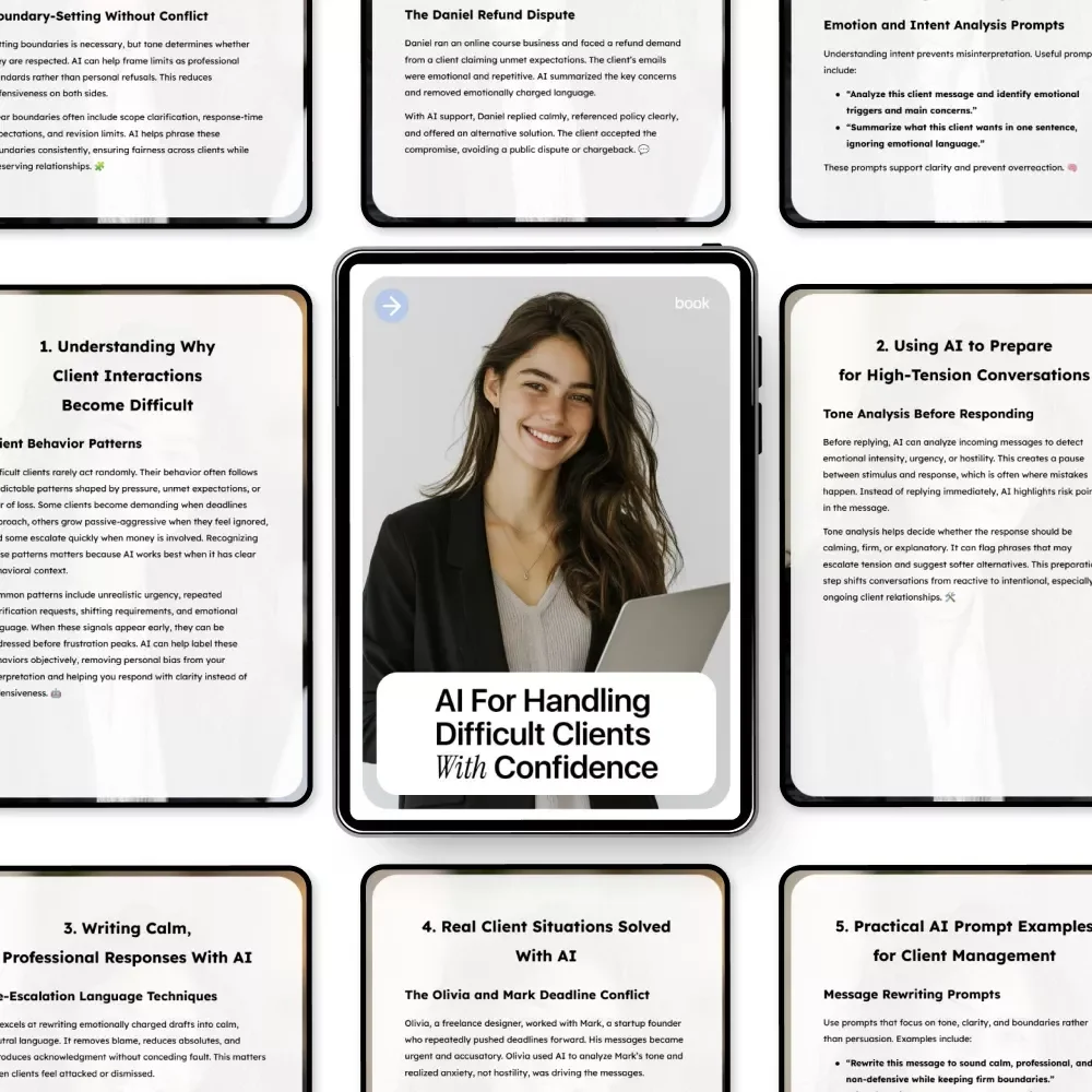 AI for Handling Difficult Clients With Confidence | Practical Ebook Guide for ai for dealing with difficult clients, Calm Client Communication & Smart AI Prompts