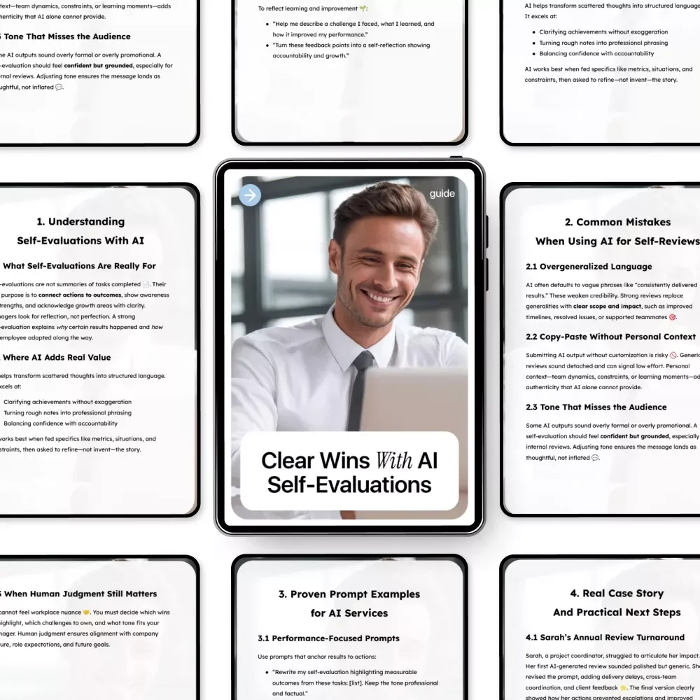 Clear Wins With AI Self-Evaluations | AI for Writing Self-Evaluation Examples | Editable Guide for Work Reviews, Annual Reviews & Professional Development