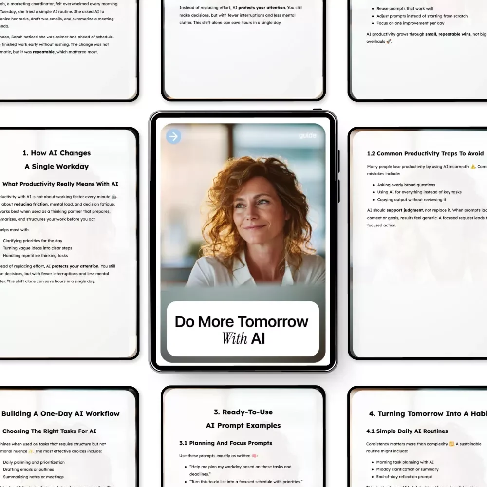 Do More Tomorrow With AI – Productivity Guide for Busy Professionals, How to Use AI to Be More Productive Tomorrow, Digital Download Workflow Planner & AI Prompt Toolkit