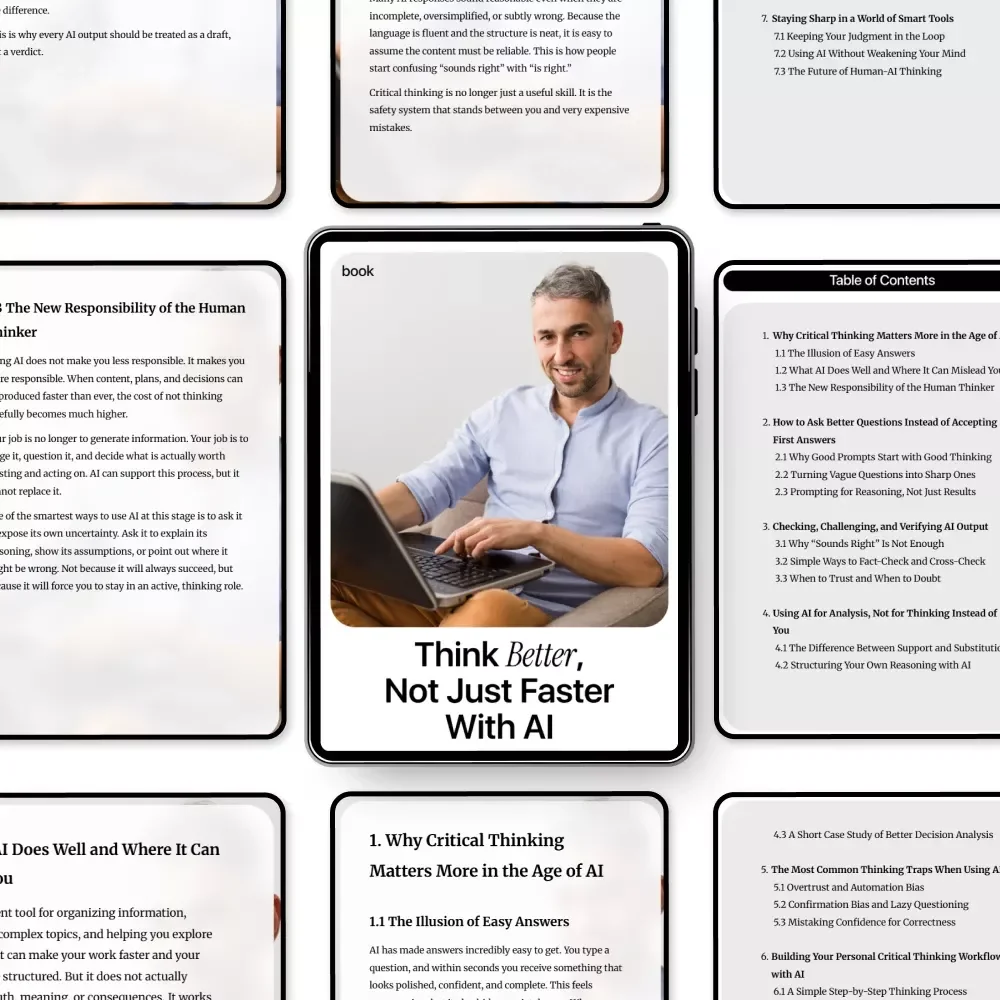 Think Better, Not Just Faster with AI – Critical Thinking Guide for Smart AI Use, Better Prompts, Decision-Making & Human Judgment (Digital Download)