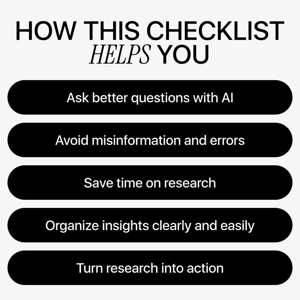 Checklist: How to Research with AI | Step-by-Step Digital Checklist for Smarter, Faster Research | Learn how to research with ai for Work, Study & Content Creation