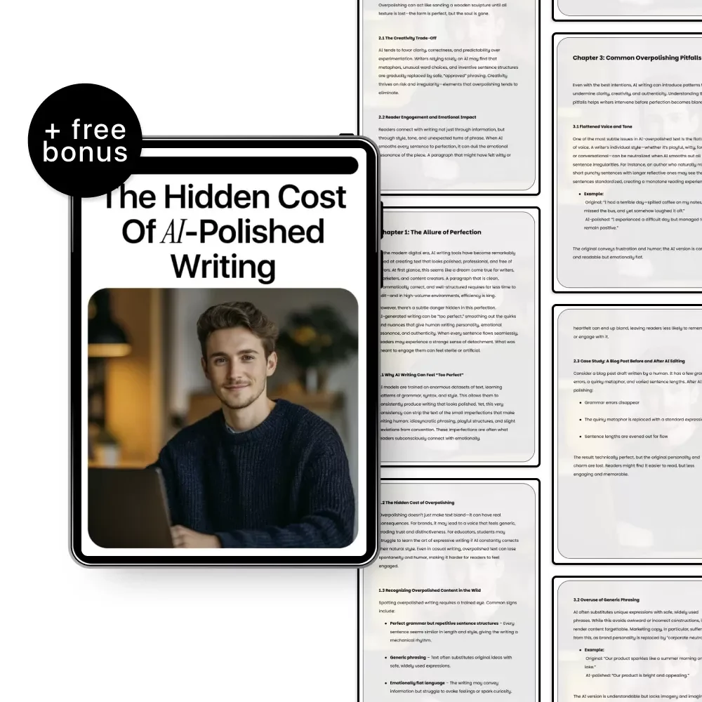 The Hidden Cost of AI-Polished Writing – Ebook for Creators Exploring ai overpolished writing concerns, Authentic Voice & Human-Centered Content