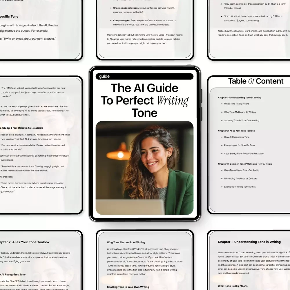 The AI Guide to Perfect Writing Tone – AI Writing Tone Guide, ChatGPT Prompts, Digital Download eBook for Better Copy & Content