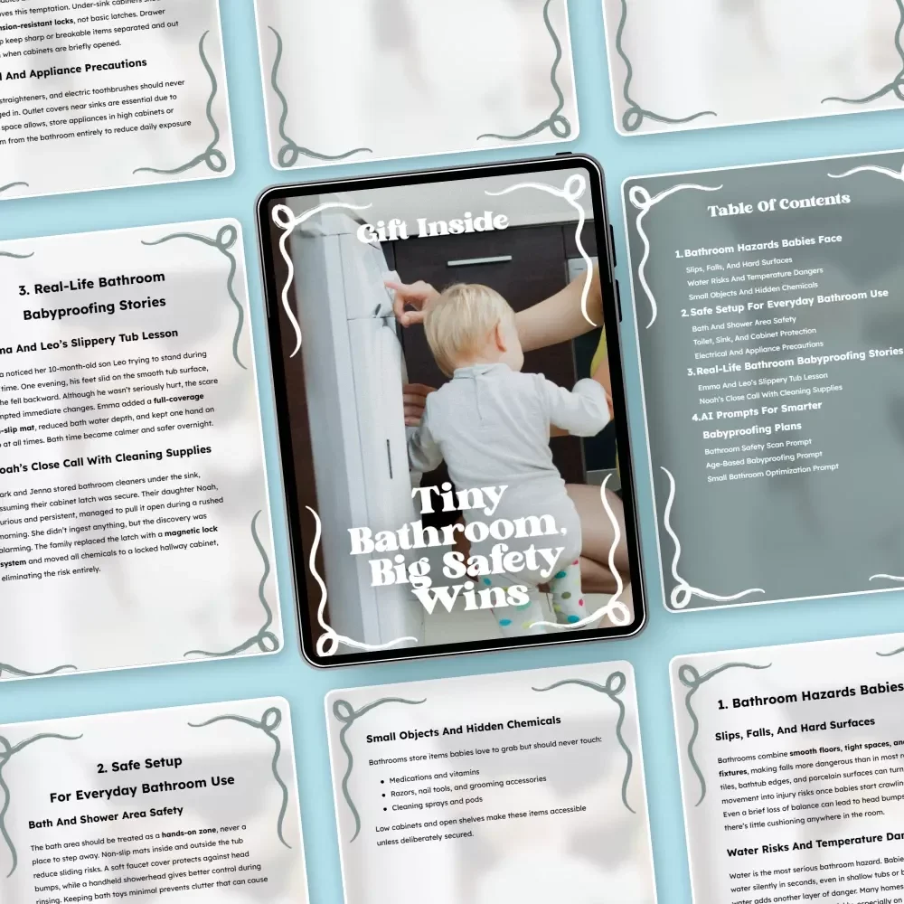 Tiny Bathroom, Big Safety Wins – Baby Bathroom Safety Guide for Small Spaces, Babyproofing Checklist & Smart Home Setup eBook