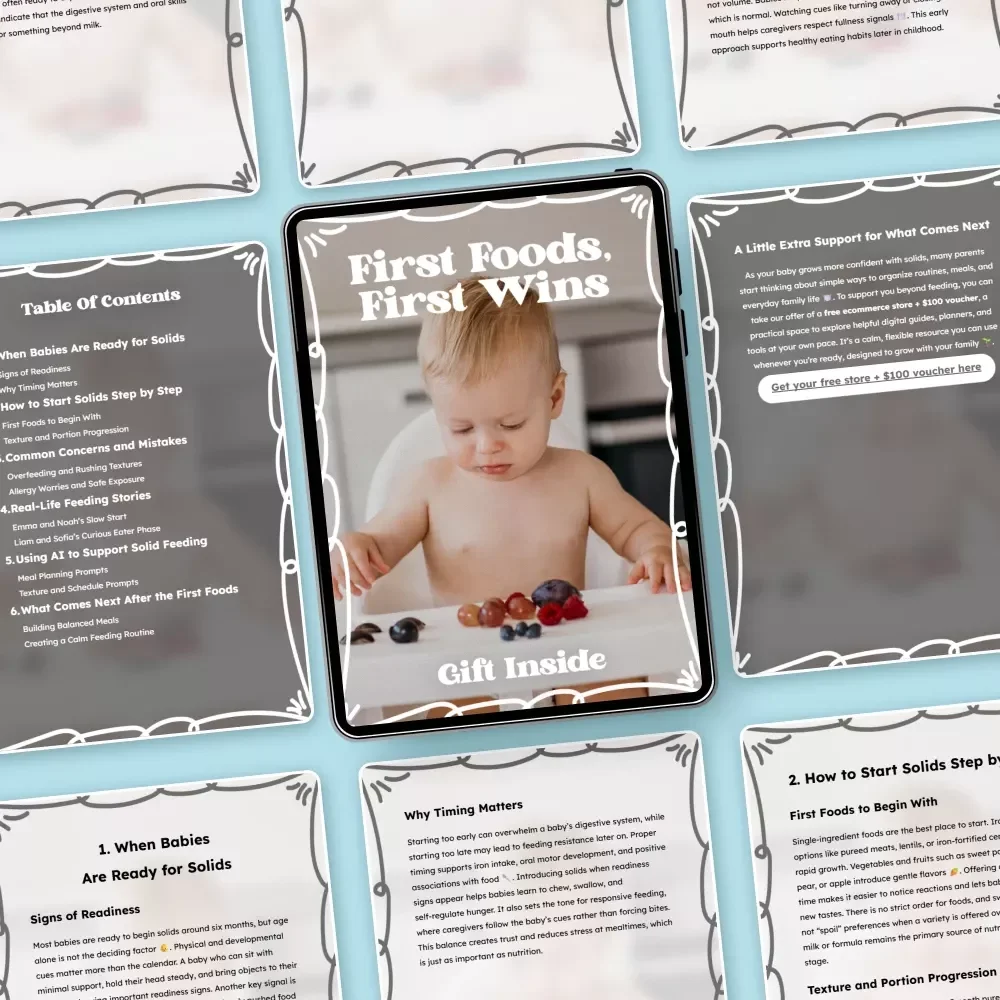 First Foods, First Wins – A Gentle Ebook Guide on how to introduce solids with Confidence, Baby-Led Tips, and Stress-Free Feeding