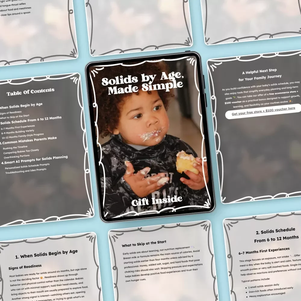 Solids by Age, Made Simple – Easy Feeding Guide for Babies 6–12 Months | Solids Schedule by Age for First Foods, Portions & Stress-Free Progress