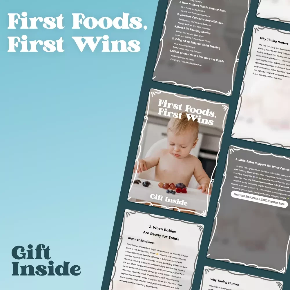 First Foods, First Wins – A Gentle Ebook Guide on how to introduce solids with Confidence, Baby-Led Tips, and Stress-Free Feeding