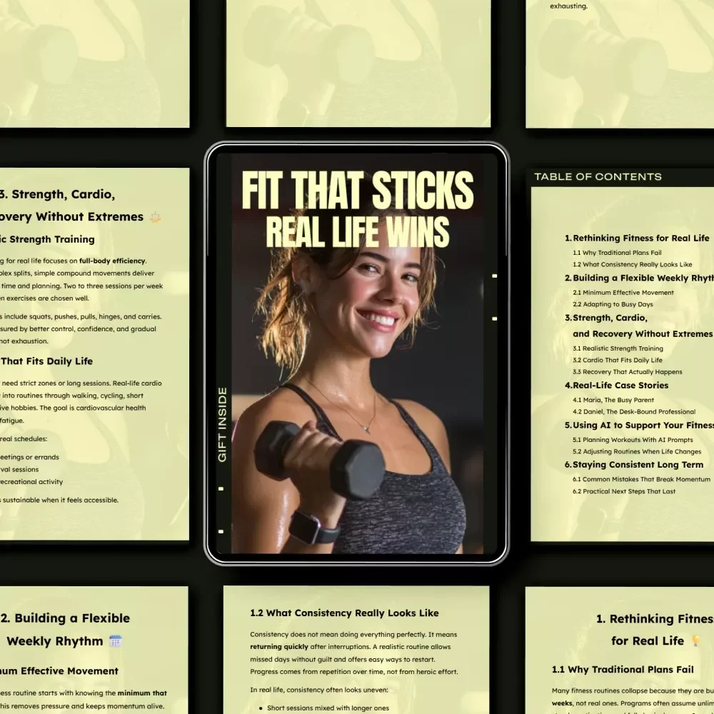 Fit That Sticks, Real Life Wins – Realistic Fitness Guide for Busy Life, Consistency, Strength Training, Cardio, Recovery & AI-Supported Workout Planning