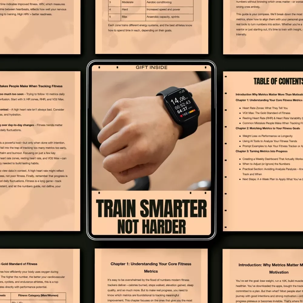 Train Smarter Not Harder – Fitness Metrics Guide & AI Training eBook | Heart Rate Zones, VO2 Max, HRV Tracker Checklist