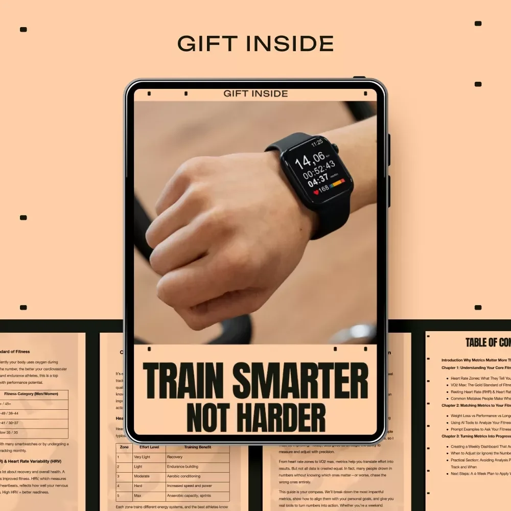 Train Smarter Not Harder – Fitness Metrics Guide & AI Training eBook | Heart Rate Zones, VO2 Max, HRV Tracker Checklist
